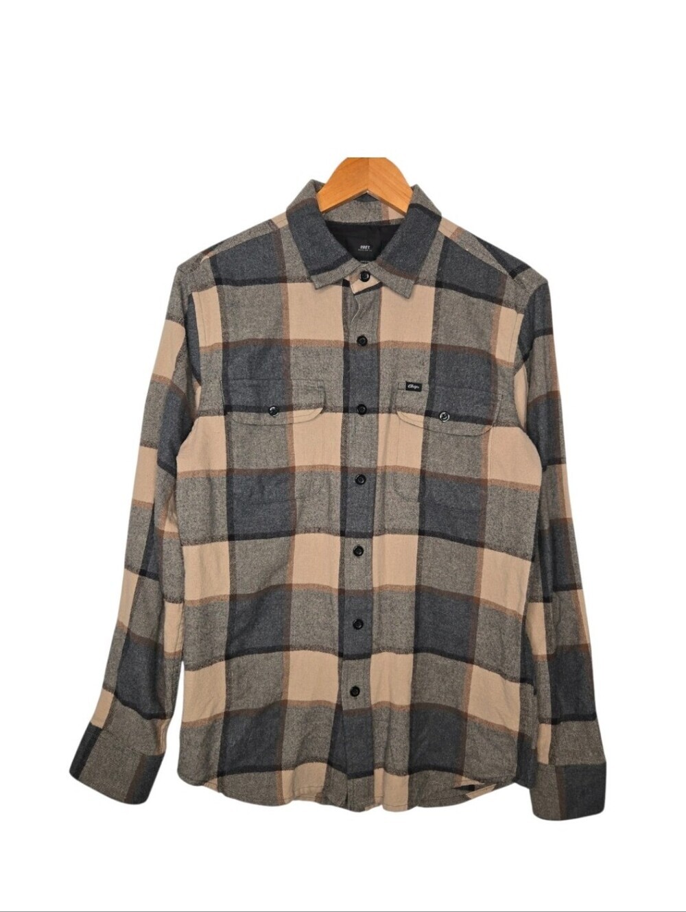 OBEY Mens Neutral Plaid Outdoor Button Up Flannel Shirt Size Small